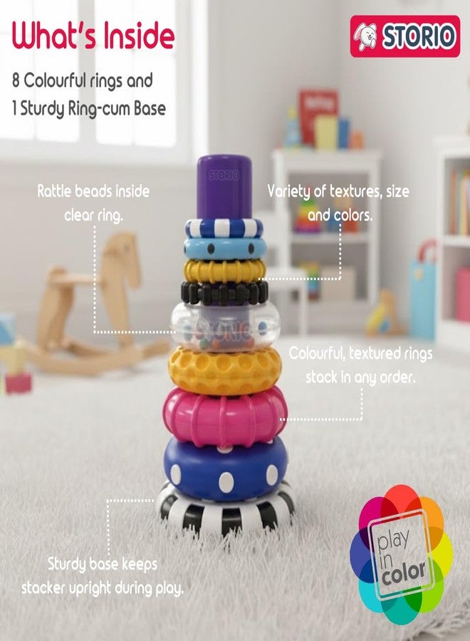 Storio Stacks of Circles Stacking Ring Toy for Babies 6+ Months | 9-Piece Multi-Color STEM Learning | Educational Baby Toy for Fine Motor Skills | Textured Rings with Sound Beads | Montessori Learning - Image 3